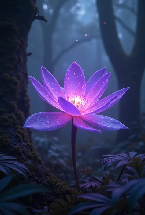 A magical purple flower that glows slightly with light particles in the middle of the forest in the dark