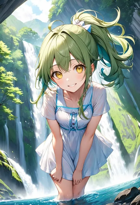 (low angle style), (pov, dynamic pose), (solo:2, 15 yo), (detailed beautiful ponytail green hair long hair) (best cute girl) (beautiful sexy yellow eyes) (love smile), in a summer one piece dress, break, in the Hiji Falls, background beautiful biggest A va...