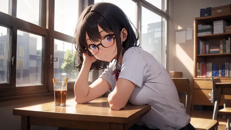 ​masterpiece, top-quality, High-quality images, high resolution, 8K, 1 student, solo, detailed, Detailed eye depiction, skin gloss, school uniform, large breast, Lustrous hair, Black short-haired, disheveled hair, Round glasses, Narrow old room, many books...