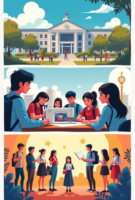 Poster Description:
Top: Illustrate the vision by drawing a large school building representing the university. Surround the building with symbols of leadership, like students in graduation caps holding certificates, and a globe to represent global competit...