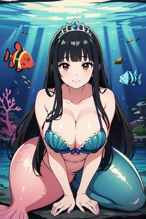 (8k, RAW photo, best quality, masterpiece:1.2),1girl,smile,((black hair, super long hair, shiny hair, blunt bangs, hime cut)), mermaid,(huge breasts:1.1), Showing her breasts, breasts out, ((Sea shell bra,))(wearing Pareo),Princess Tiara,Pearl decoration,j...