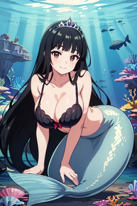 (8k, RAW photo, best quality, masterpiece:1.2),1girl,smile,((black hair, super long hair, shiny hair, blunt bangs, hime cut)), mermaid,(huge breasts:1.1), Showing her breasts, breasts out, ((Sea shell bra,))(wearing Pareo),Princess Tiara,Pearl decoration,j...