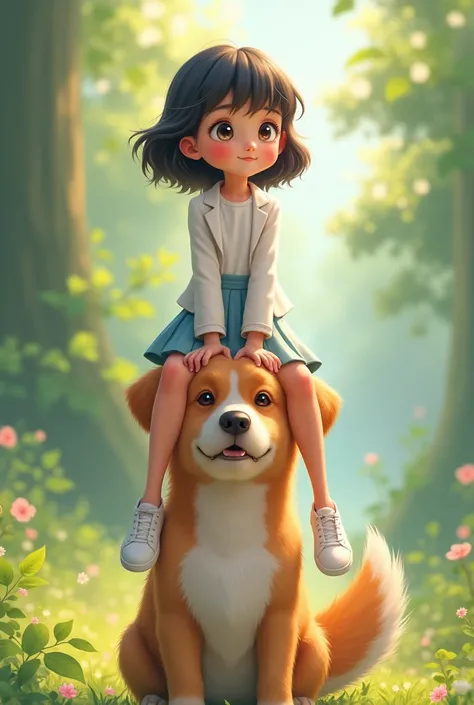 Girl in blazer skirt and sneakers sitting on the head of a dog. 