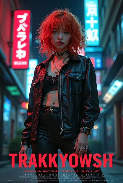 ((((dramatic))), (((Perseverance))), (((intense))) film poster featuring a young red hair Miss as the central character. She stands confidently in the center of the poster, wearing a fashionable and edgy Harajuku-inspired hip hop Full set of clothing, with...