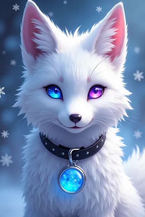 A white fox with blue and purple heterochromia, with a black dog collar with a round blue translucent crystal tag, with anime style snowflakes