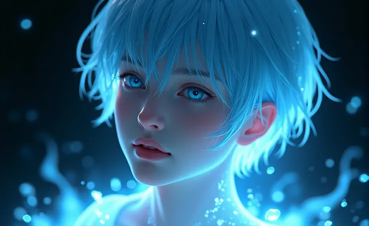 The image shows a younger man with delicate, androgynous features. The person has pale and smooth skin watching at us, with a serene and dreamy expression. His eyes are an intense and bright blue, with a look that seems lost in deep thoughts. The boy hair ...