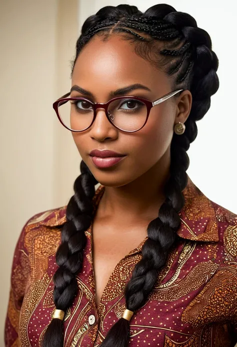  (african-american-Caribbean woman, voluptuous, curvy, strong, shortie, sensuously cool, braided black hair, soft heart-shaped face, concaved Nubian button nose, heart-shaped physique, heart hips, glasses, heterochromia wine and brown eyes) *I follow her d...