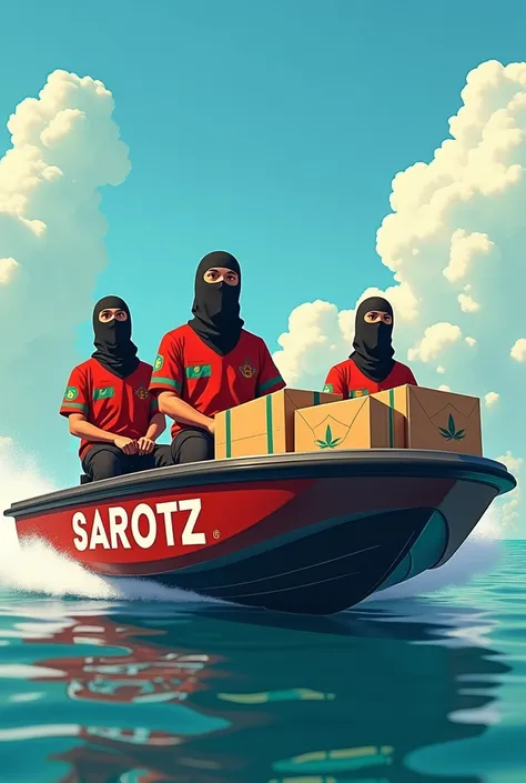 An animated picture of a dinghy speed boat and on the dinghy speed boat there are supposed to be three fully masked people with Morocco jerseys and on the boat there are supposed to be several packages with cannabis and on the picture the name SARIOTZ is c...