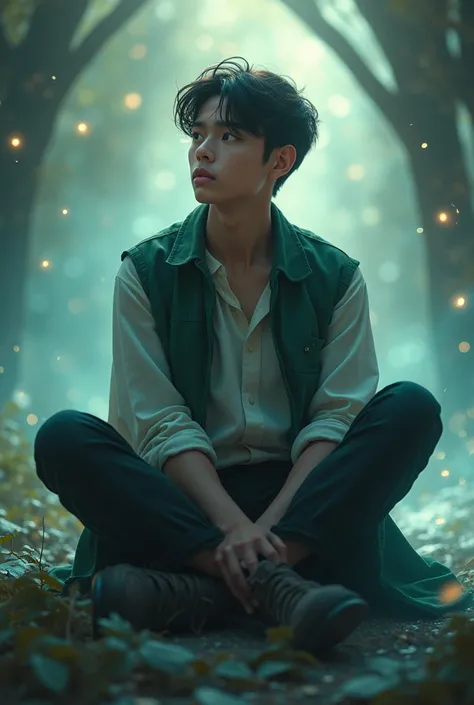 Young man magical teenager sitting 