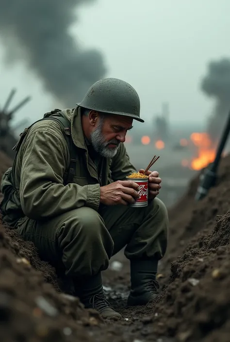 (photorealism:1.2), Fat soldier sitting in a muddy trench, wearing a worn-out camouflage uniform, eating noodles from a tin can with chopsticks, explosions in the background, debris flying in the air, close-up shot from the side with gritty cinematic reali...