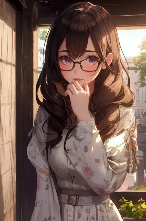 (best quality, masterpiece), 1 Girl, Dappled sunlight, indoors, Glasses, Shy, 1 girl, Young Girls, (Goosebumps:0.7), Pretty Face, (Eyeliner, Lipstick:0.9), 4K, 8K, Ultra HD, HDR, detailed background, background