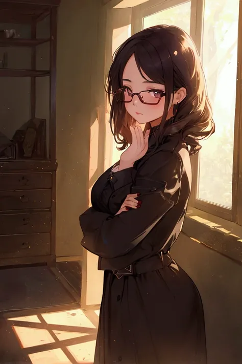 (best quality, masterpiece), 1 Girl, Dappled sunlight, indoors, Glasses, Shy, 1 girl, Young Girls, (Goosebumps:0.7), Pretty Face, (Eyeliner, Lipstick:0.9), 4K, 8K, Ultra HD, HDR, detailed background, background