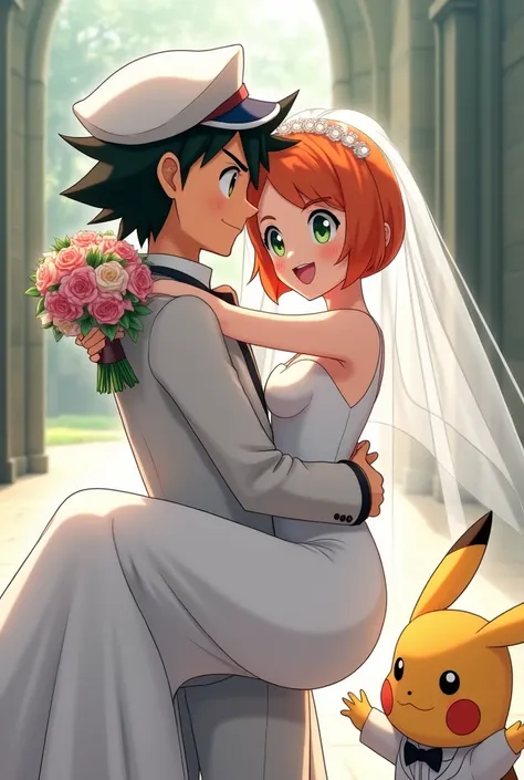 Draw Ash from Pokémon in a wedding suit and a white cap and Misty in a beautiful wedding dress.
He lifts her up outside the church.
Let the bride&#39;s hair be short and orange and wear a veil.
Let the bride&#39;s eyes be green and the groom&#39;s brown.
A...