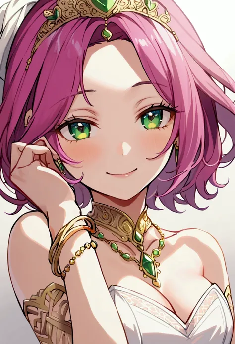 20 years old girl, fuchsia hair, short hair, green eyes, sly smile, sly eyes, wearing wedding dress, wear gold bracelet