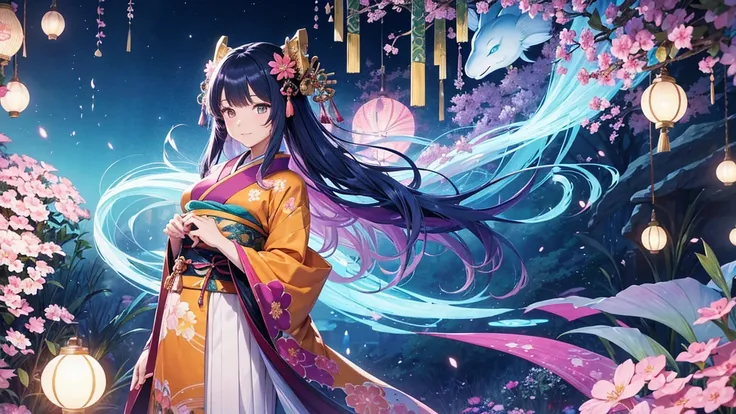 An anime-style illustration of a woman in a uniquely imaginative kimono and haori, set in an even more magical and fantastical environment than before. The kimono is a masterpiece of creativity, with even more vibrant pastel colors and adorned with extraor...