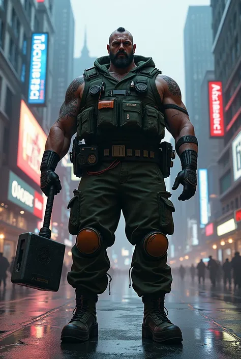 Create a 130-kilogram burly man, hunter and ex-military man with a combat hammer in his hand in the world of cyberpunk