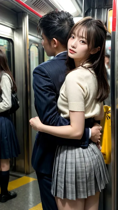 Browsing Caution, Crowded train, Japan , Handsome man hugging his girlfriend from behind, Talk in her ear, Lift her up, Miniskirt twisted up, 40k, photograph, masterpiece, Highest quality, Dark Gray Background, ((Japan girls high school uniform)), A man is...