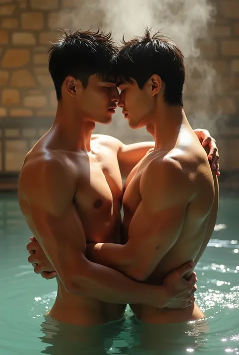 two handsome and muscular Japanese young men in early twenties、Public bath、cuddling, blushing, Completely naked