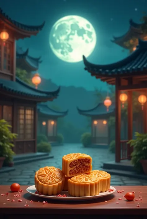 Full Moon Mid-Autumn Night，The moonlight fills the courtyard。A bright moon hangs high in the sky，Bright as jade,The light flows。The offerings on the table are golden in color.、Fragrant mooncakes,Exuding a strong Mid-Autumn Festival flavor。The mooncake has ...