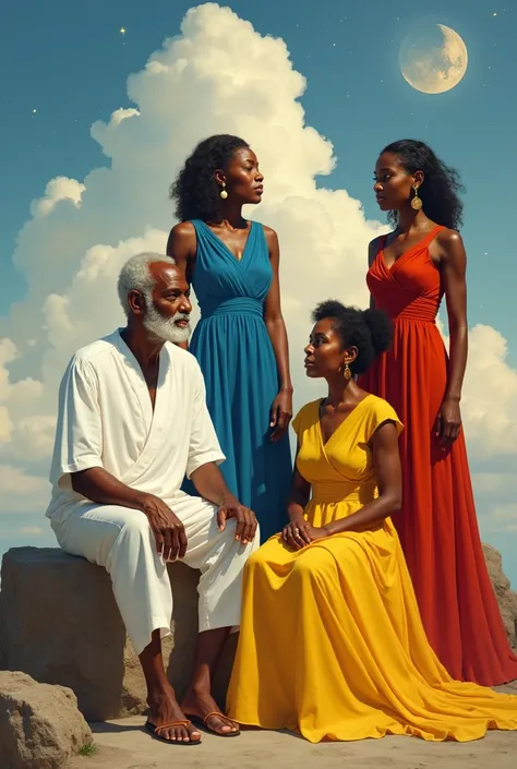 Old black man sitting dressed in white, old black woman dressed in yellow sitting, black woman dressed in blue, black woman dressed in red in the sky 