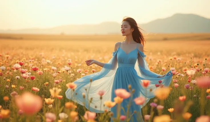 Full body photo of beautiful Asian woman in [blue dress] with a calm face, standing in a vast [flower field], swaying in the wind, under the warm sunlight. She is closing her eyes with a slight smile, her pose shows relaxation and peace, reflecting the gen...