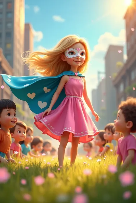 Create an image of a story where you can see a superhero girl in a pink dress, golden hair, blue cape with white hearts and a white mask with pink hearts talking to some children in an urban field