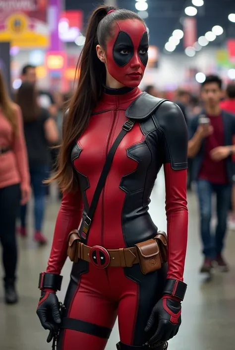 Brunette instagram influencer, dressed as Ladypool, hair in ponytail, Deadpool logo belt buckle, at a comic convention, in the style of comicon photos, taking pictures with fans