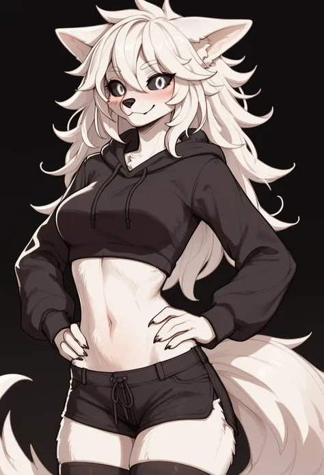 excited expression, 1girl, anthro, furry, white fur, white fur, wolf girl, white hair, black sclera, white eyes, messy hair, med...