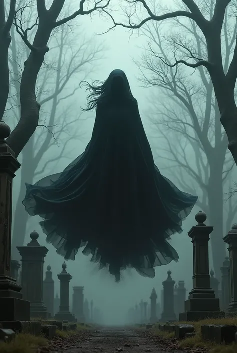 A woman dressed in black flying in a cemetery