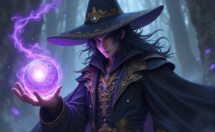 I see the image you uploaded. It features a male character with a mystical aura, dressed in a black robe adorned with ornate details and a matching wizard hat. The outfit is embellished with intricate gold patterns and glowing blue gems. The character is h...