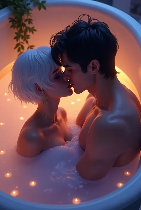 House taking a bath in the large bathtub and end up kissing The woman has short white hair and light brown skin, violet eyes and the man is tall, strong and handsome with dark hair