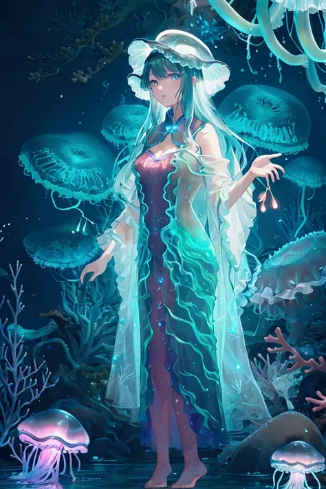 masterpiece, best quality, (Very detailed的 CG 美麗女孩，beautiful eyes，Unity 8k Wallpaper), (best quality), (Best Illustration), (Best shadow), 融入自然元素的Ocean Theme. Tall mangroves, rich Marine plants, Glowing jellyfish, There are schools of fish around, 发光Partic...