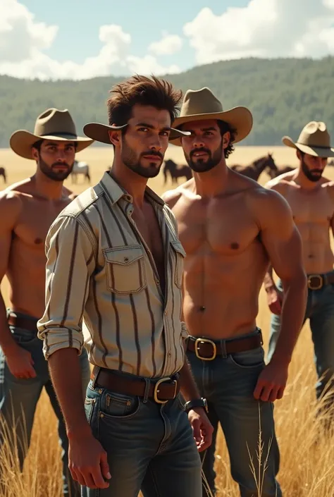  5 cowboy men working on a horse farm, some shirtless and another wearing a striped shirt and a cute young gay boy, 27 years old, handsome, flirtatious with them, the others want to seduce him 