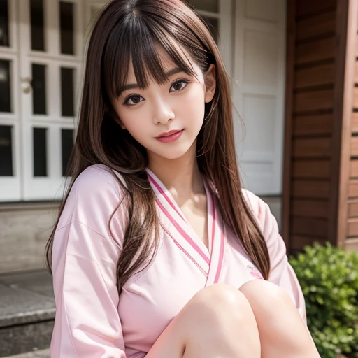 laughing out loud，Wearing a pink Japanese student sailor uniform, (knee shot), 1 girl, On the face, light brown hair, blunt bangs, hair behind ears, Hair over the shoulders, long hair, Slender body type, Super thin face, face slimming, delicate lips, beaut...