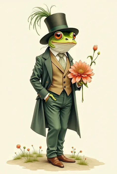 A vintage captivating detailed watercolor illustration of an anthropomorphic frog gentleman from a bygone era, exudingsophistication and charm. A vintage illustration of a dapper frog standing upright. The frog is dressed in a Victorian-style outfit, compl...