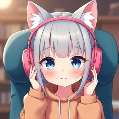 Video Call Profile Picture. A cute cat-eared girl with pink headphones and a big hoodie is seen sitting in a computer chair. Grey Hair. Sit up straight. We are sitting opposite her. Only her upper body is visible, As if you were broadcasting a video. Add f...