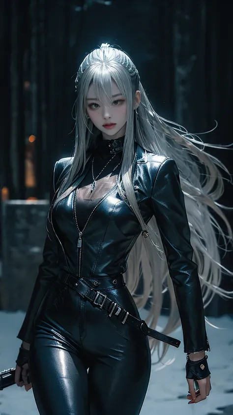 (long silver hair:1.5),Beautiful 25 year old Korean female vampire mercenary, brown skin, (Wearing a blue leather jacket and tight black pants.;1.3), Carrying a rifle, view from the front, waist shot, dynamic pose, Ambient lighting, photographic realism, I...