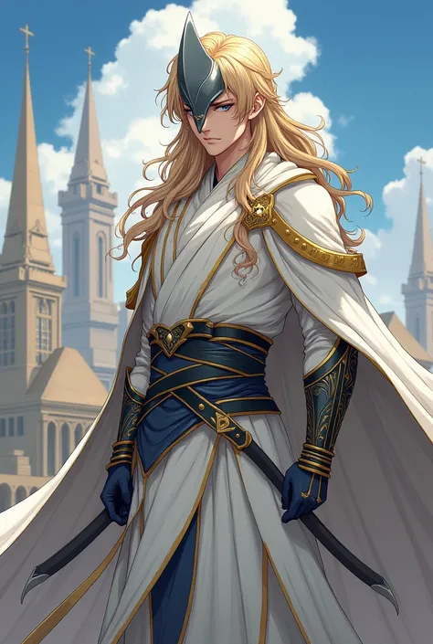 man with long, wavy blond hair, blue eyes with some bands on his arms, wearing a white cloak with gold details with a white haori with golden edges, wearing a gray iron mask, with the kingdom of Jerusalem in the background, semi-realistic anime art style  