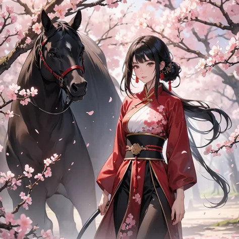 beautiful woman black-haired male general holding a large sword in ancient Chinese general costume, walking In the middle of a cherry blossom storm, cherry blossoms are falling from the trees, Behind them are cherry trees that are in full bloom.