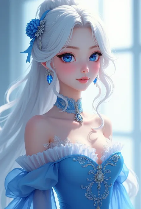 A white haired anime princess,blue eyes,and a beautiful and striking blue dress