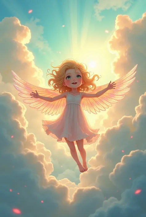 The story continues where the girl with golden curls wakes up floating in the clouds with shiny anime-type wings.