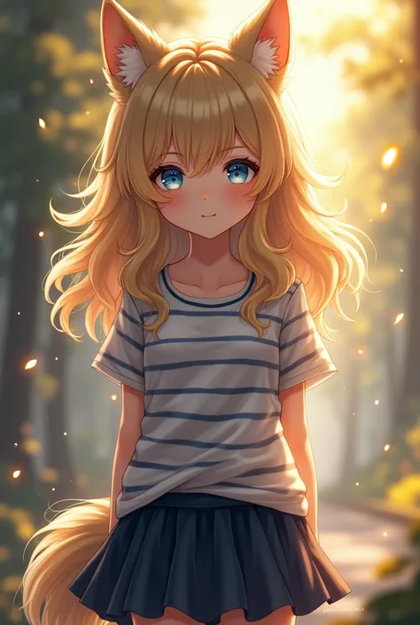 masterpiece, best quality, Langya, 1 Girl, Wolf ears, Wolf Tail, Lovely, Blushed, Looking at the audience, from above, Blonde wavy hair, mini skirt, White and black striped T-shirt, blue eyes, beautiful eyes, Beautiful background, Light Particles, Sun rays...