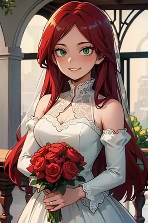 25 year old woman in my hero academia , green eyes , red long hair with an elegant hairstyle, with her wedding dress with lace sleeves , Natural makeup , smiling 