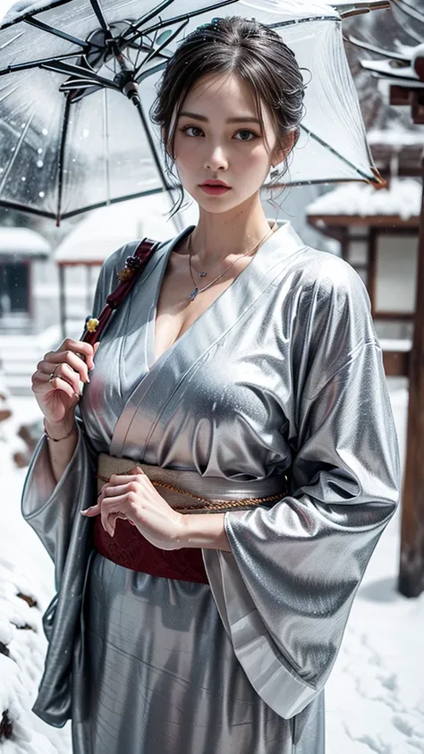 (Photoreal:1.5, 8K, highest quality:1.3, masterpiece, ultra high resolution), (((heavy snow, Blizzard))), Highly detailed skin and facial textures:1.3, perfect dynamic composition:1.2, (In front of a shrine at night in a modern city, expression of sadness:...