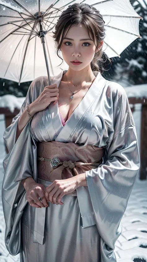 (Photoreal:1.5, 8K, highest quality:1.3, masterpiece, ultra high resolution), (((heavy snow, Blizzard))), Highly detailed skin and facial textures:1.3, perfect dynamic composition:1.2, (In front of a shrine at night in a modern city, expression of sadness:...