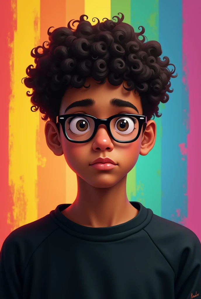 a light-skinned brown teenager, with short curly hair, wearing glasses, with a black sweatshirt, large nose, a serious expression and a rainbow lgbt background