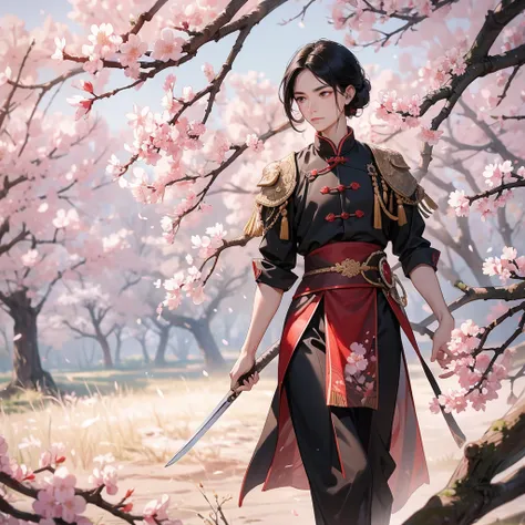 beautiful woman black-haired male general holding a large sword in ancient Chinese costume, walking In the middle of a cherry blossom storm, cherry blossoms are falling from the trees, Behind them are cherry trees that are in full bloom.