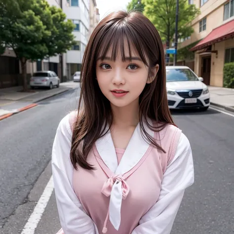 laughing out loud，Wearing a pink student sailor uniform, (knee shot), 1 girl, On the face, light brown hair, blunt bangs, hair behind ears, Hair over the shoulders, long hair, Slender body type, Super thin face, face slimming, delicate lips, beautiful eyes...