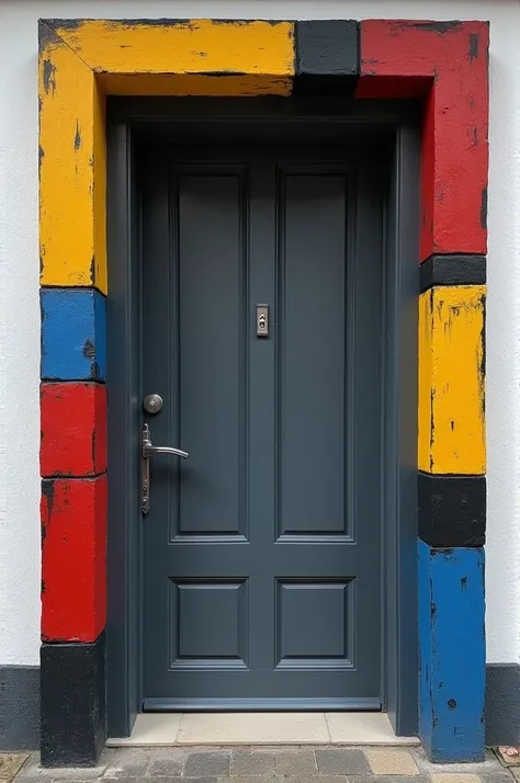 Paint dark gray door 1,9m height by 0,8 wide mondrian style frame of colored squares and rectangles. Just the door painted. The entire door is painted, not the frame.. Now paint the whole door, a readable door