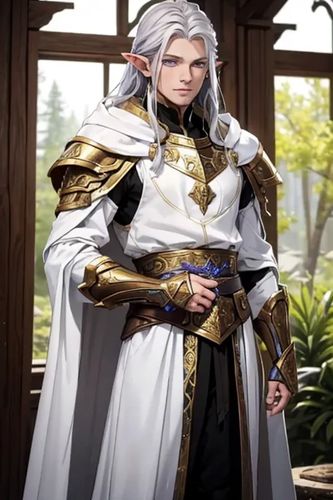 Create a detailed and realistic fantasy-style image of Roithael Glavariel de Arathel, a young hybrid warrior-prince with a mix of human and elven traits. He has long, flowing silver hair that shines in the light, and striking violet eyes. His ears are slig...